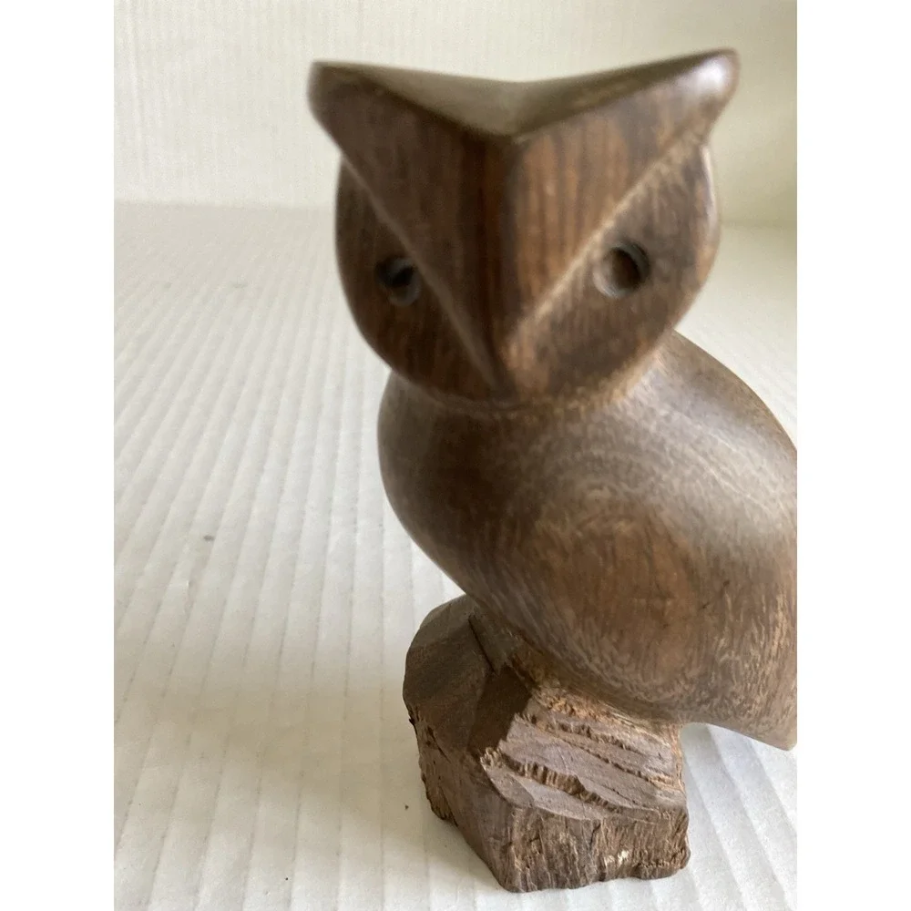 Hand Carved Owl Figurine Unmarked One Of A Kind Wood Detailed Decor